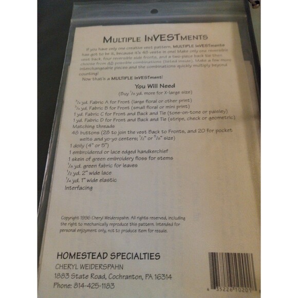 1996 UNCUT HomesteadSpecialties Sewing Pattern HS102 "Multiple InVESTments" S-XL - Picture 2 of 2